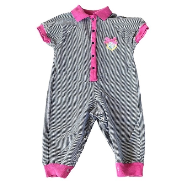 Vintage Buster Brown Stripe One Piece Jumpsuit Romper 12 Months Heart Crest Baby - Picture 3 of 14